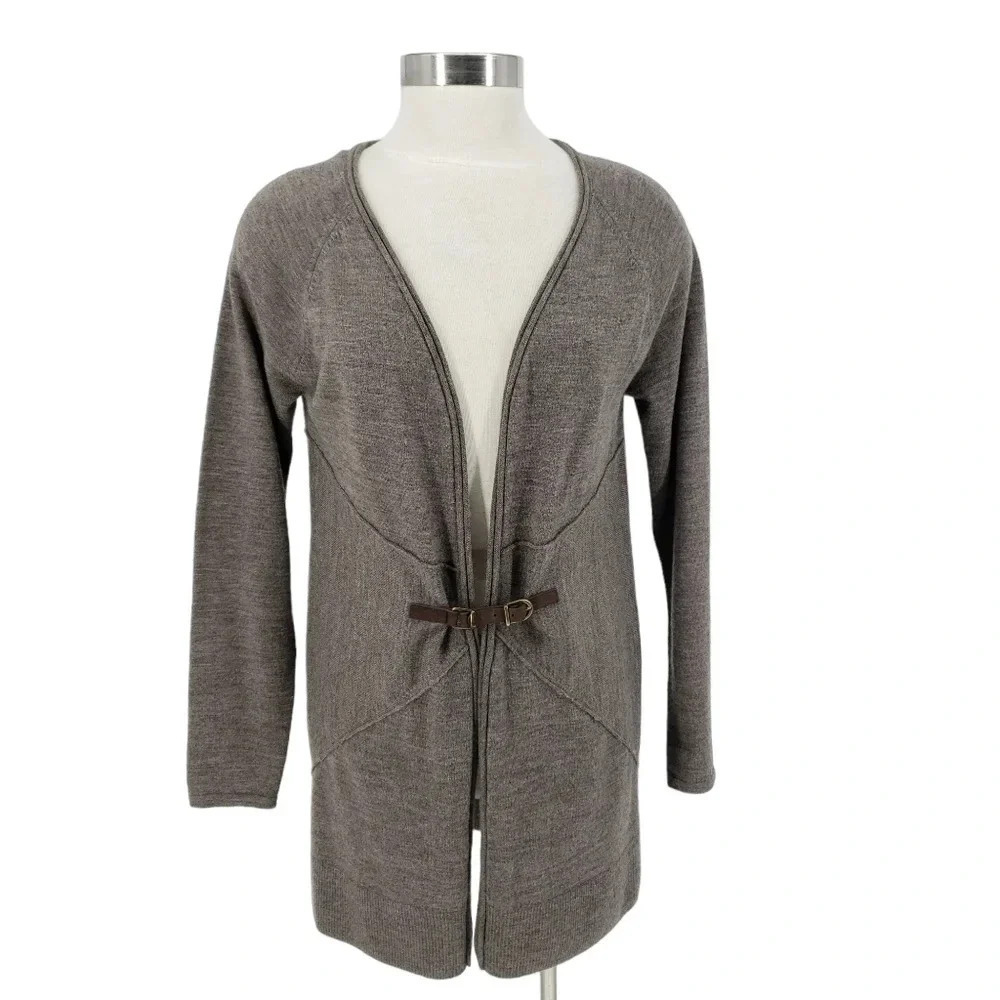Ellen Tracy Tunic Sweater Cardigan Merino Wool Taupe Brown Long Sleeve